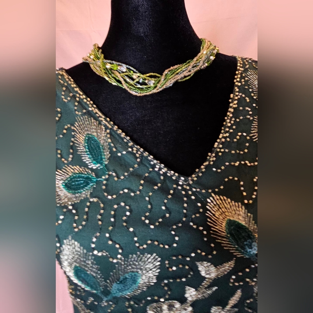 Multi-Strand Green & Gold Seed Bead Statement Necklace | Adjustable Choker Style